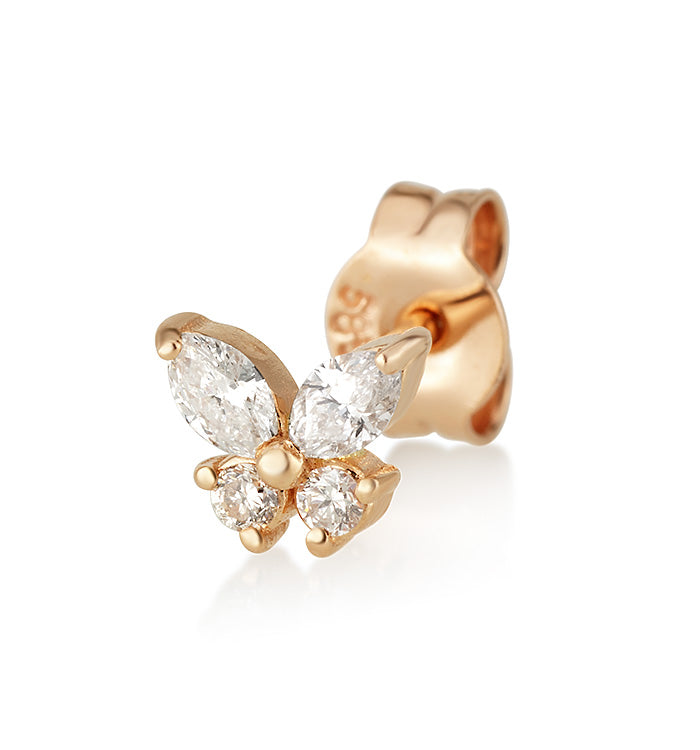 עגיל פרפר צמוד זהב ורוד משובץ יהלומים MARQUISE DIAMONDS BUTTERFLY STUD