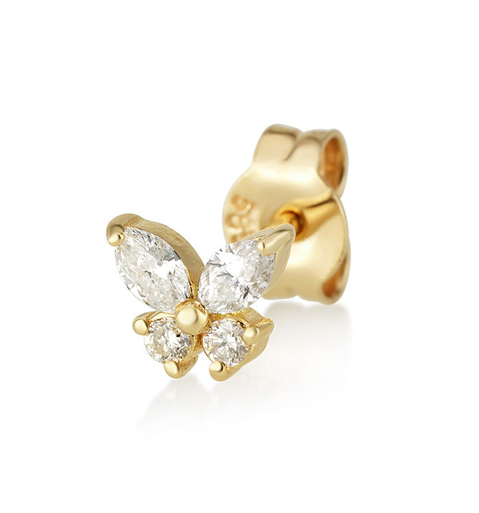 עגיל פרפר צמוד זהב צהוב משובץ יהלומים MARQUISE DIAMONDS BUTTERFLY STUD